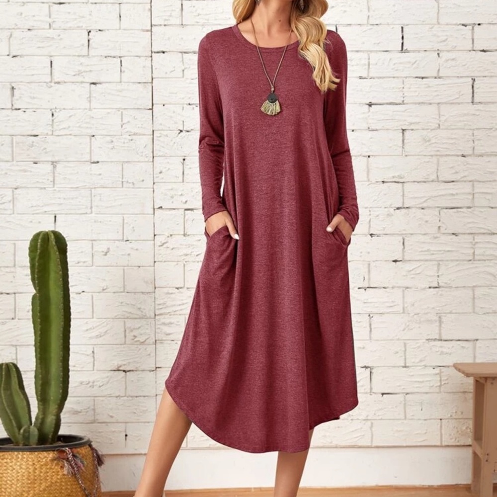 Long sleeve curved hem midi dress POCKETS blue - Picture 7 of 8